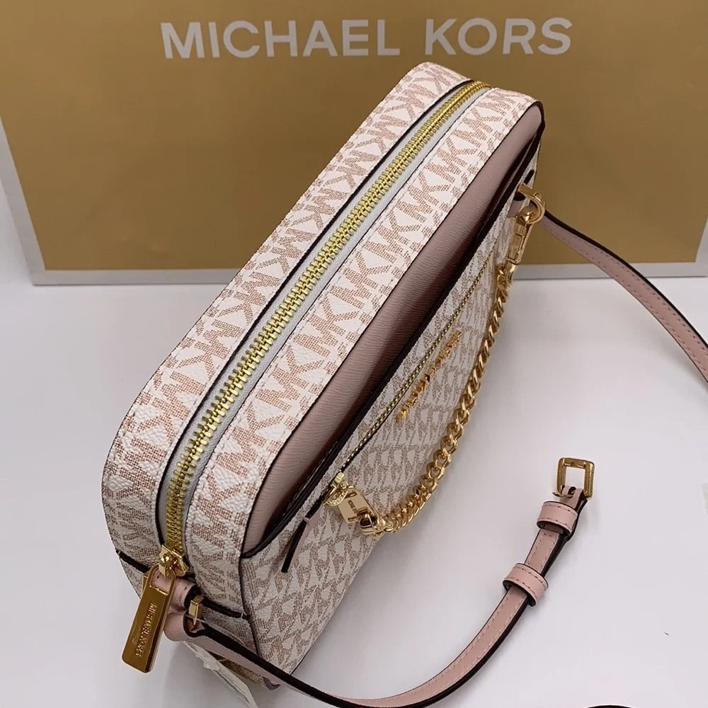 MICHAEL KORS LARGE EAST WEST ZIP CHAIN XBODY OPTIC WHITE ROSE GOLD COLOR
